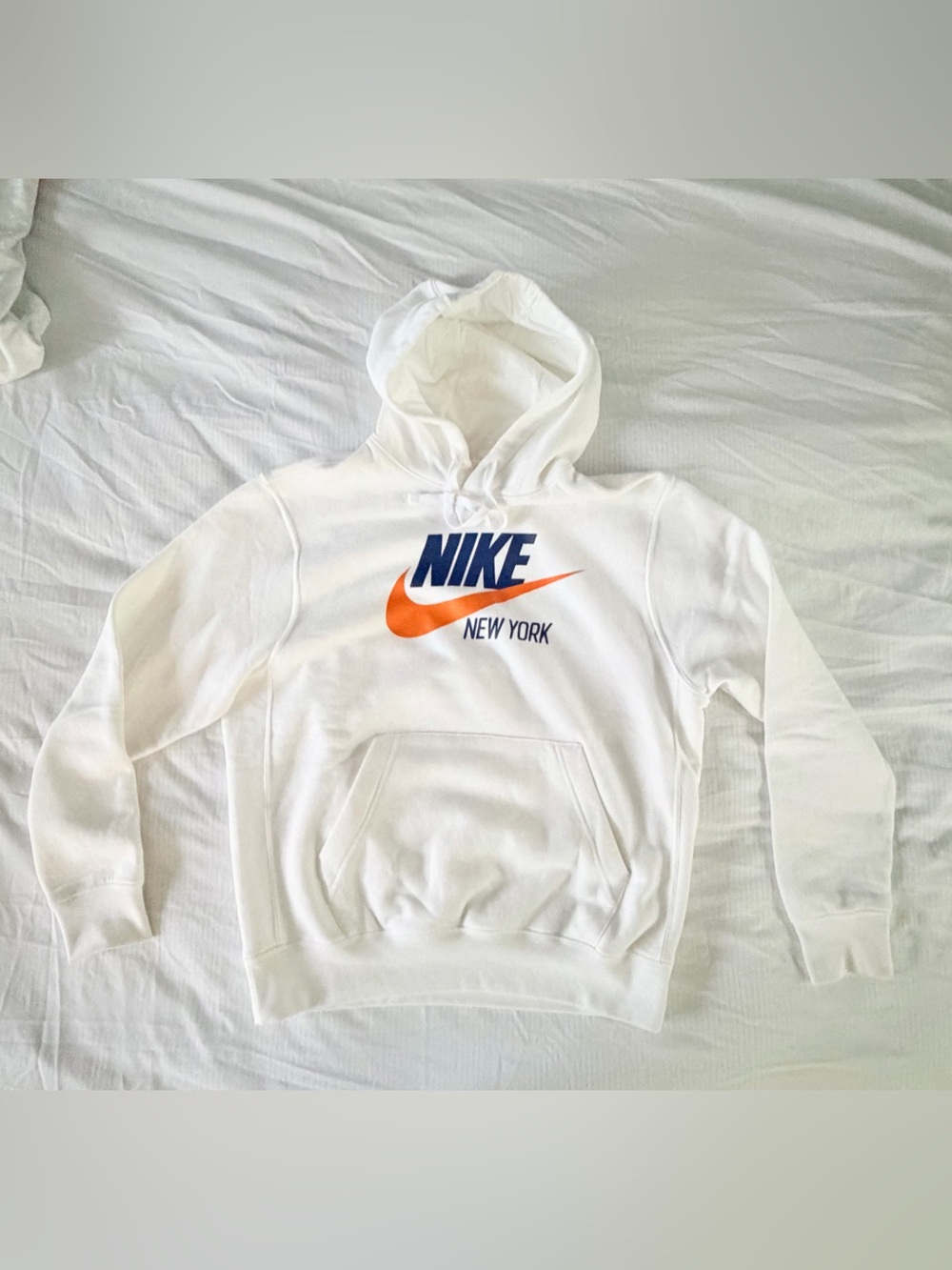 Nike Men’s White Hoodie with Orange Swoosh and Blue Logo Size Medium